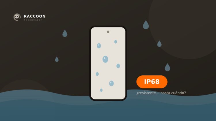 Móvil con gotas de agua y distintivo IP68, ilustración sobre resistencia al agua