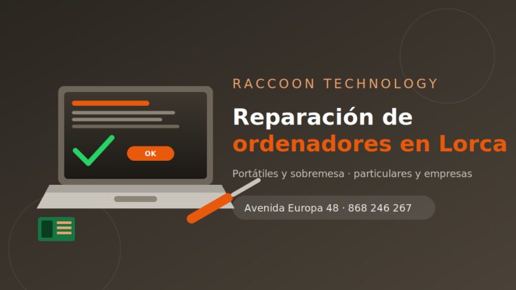 Portátil reparado con diagnóstico en pantalla, taller de Raccoon Technology en Lorca.